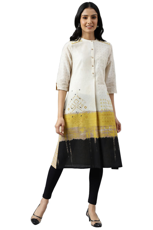 W for Woman Women's Cotton Printed Mandarin Collar A Line Kurta