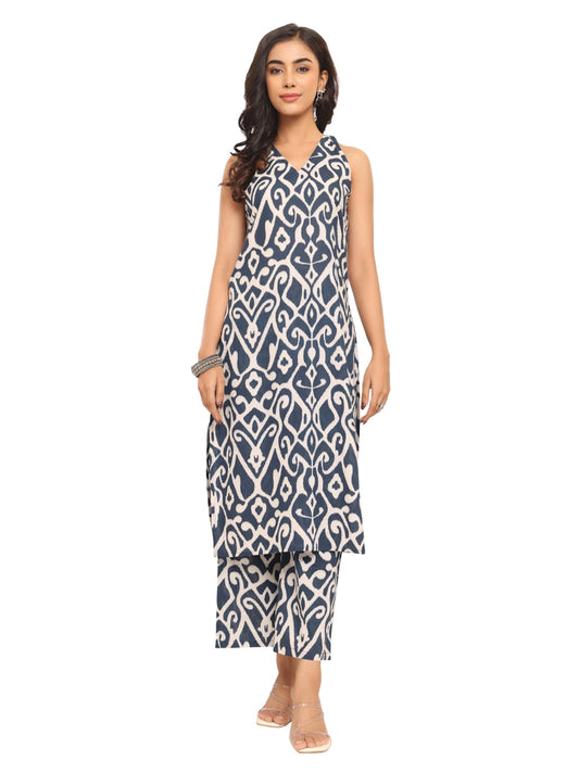 Varanga WomenS Blue Ikat Printed V-Neck Sleeveless Straight Kurta With Side Slit, Paired With Tonal Printed Bottom
