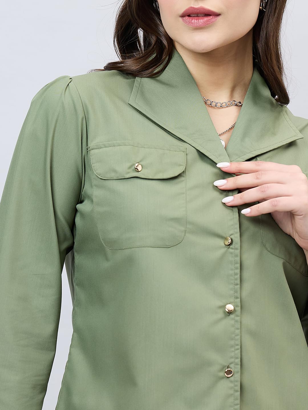 Style Quotient Women Solid Olive Polycotton Relaxed Fit Smart Casual Shacket