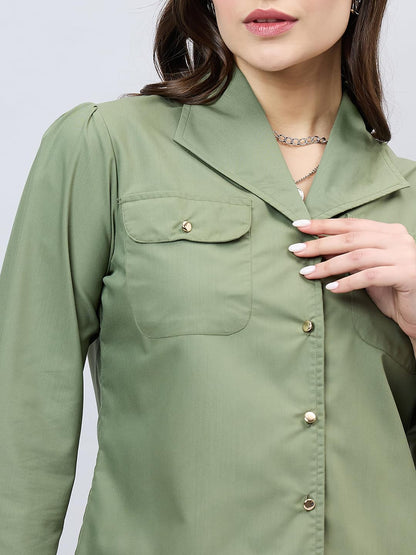 Style Quotient Women Solid Olive Polycotton Relaxed Fit Smart Casual Shacket