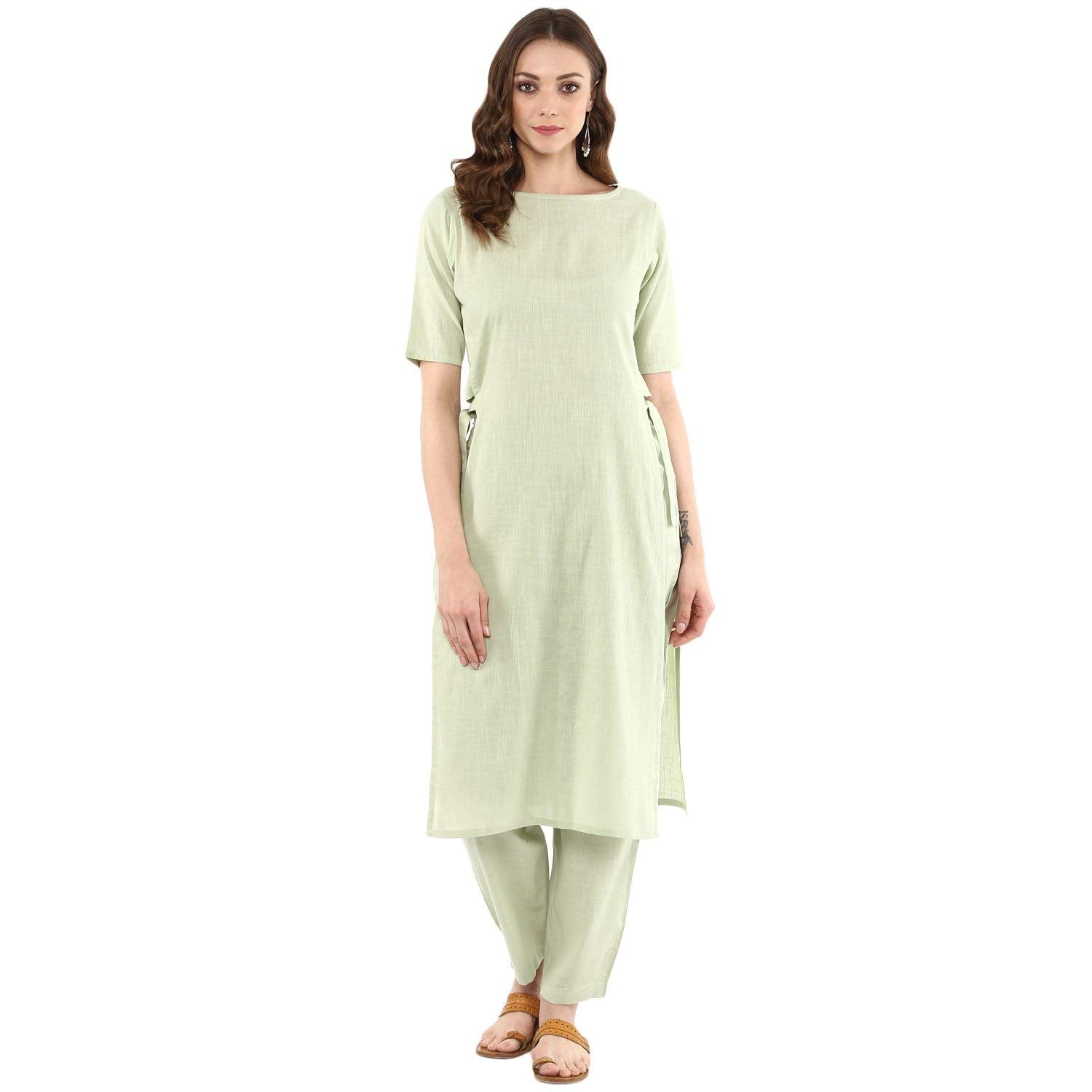 Idalia Sage Green Solid Straight Kurta Set For Women 3/4 Sleeve, Round V Neck Designer Kurta With Pant