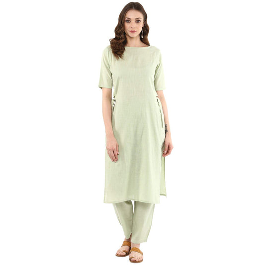 Idalia Sage Green Solid Straight Kurta Set For Women 3/4 Sleeve, Round V Neck Designer Kurta With Pant