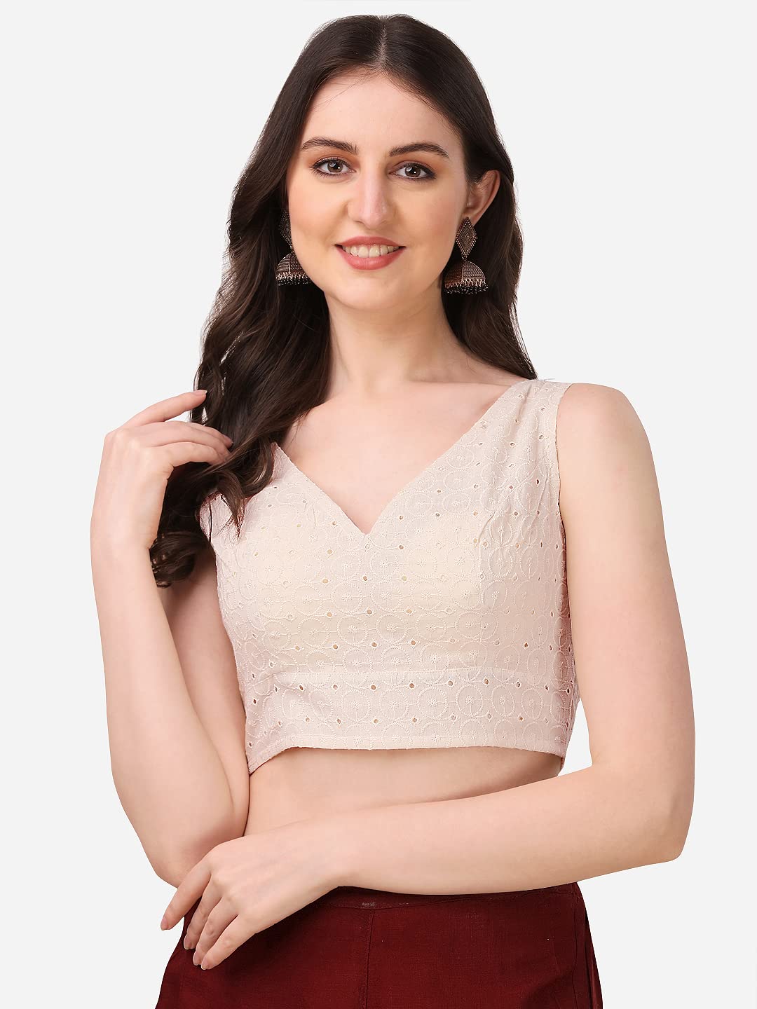 Oomph! WomenS Indian Ethnic Wear Designer Abstract Pattern V Neck Sleeveless Cotton White Blouse For Saree Or Lehnga And Blouse