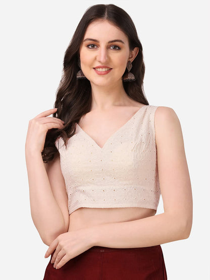 Oomph! WomenS Indian Ethnic Wear Designer Abstract Pattern V Neck Sleeveless Cotton White Blouse For Saree Or Lehnga And Blouse