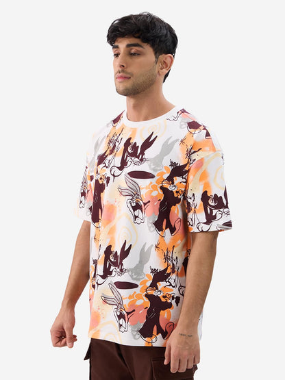 The Souled Store Official Looney Tunes: Bugs Bunny Men and Boys Short Sleeves Round Neck Multicolor All Over Printed Cotton Over