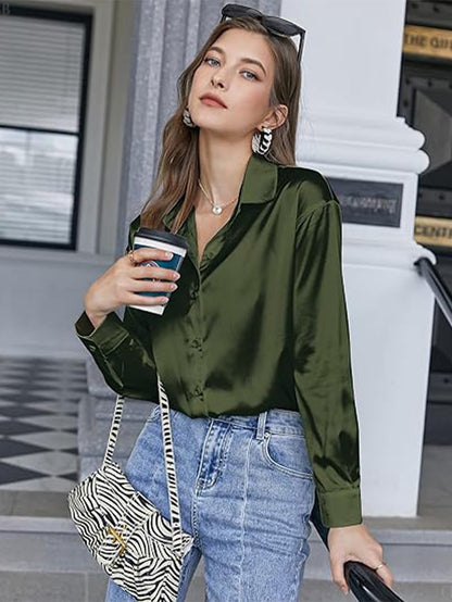 CB-COLEBROOK Womens Blouse Satin Silk Stylish Shirts Button Down Solid Shirts Casual Loose Long Sleeve Office Work Tunic Wester