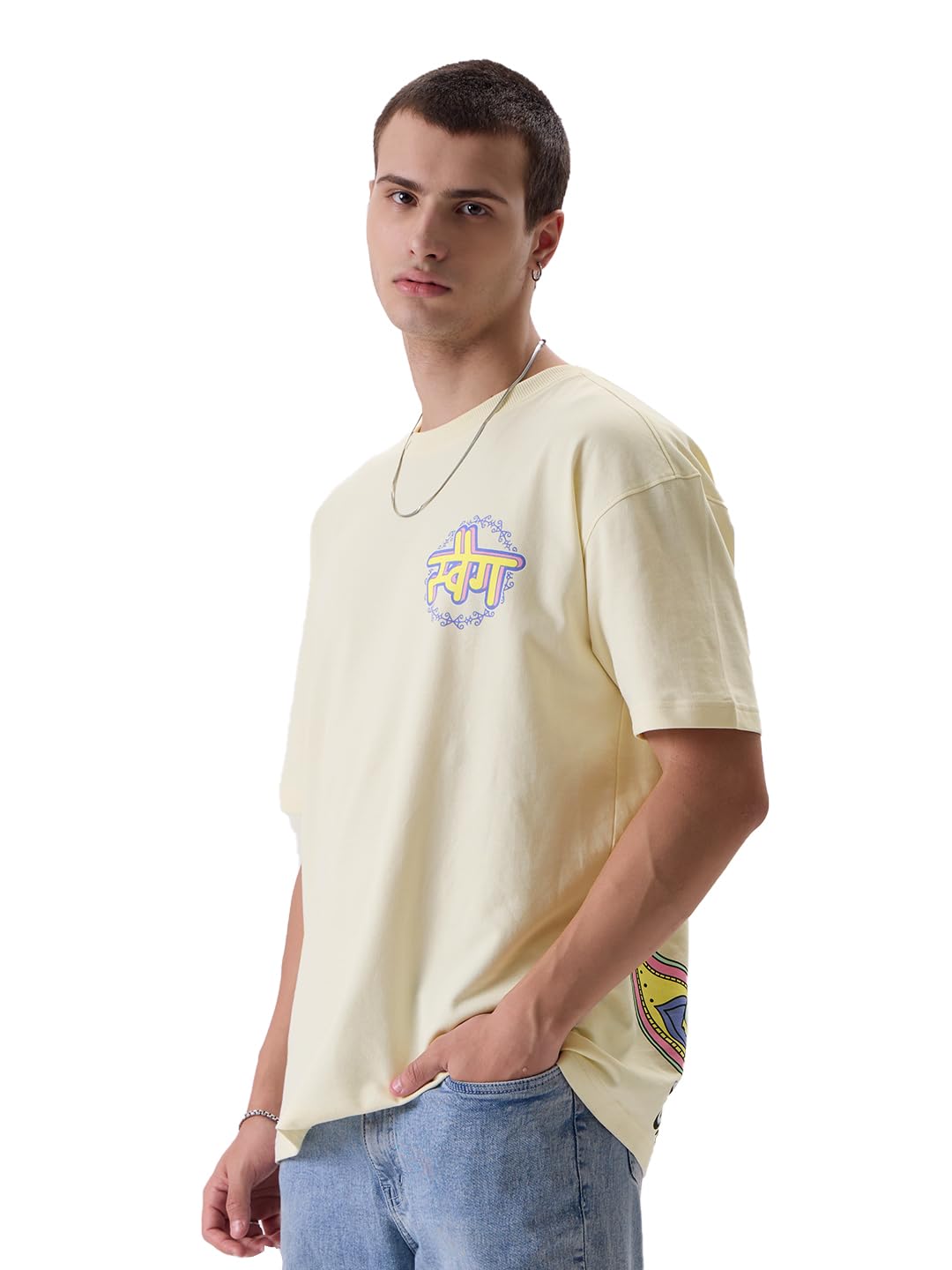 The Souled Store Official Truck Art: Looney Tunes Mens and Boys Oversized fit Graphic Printed Half Sleeve Cotton Beige Color Men