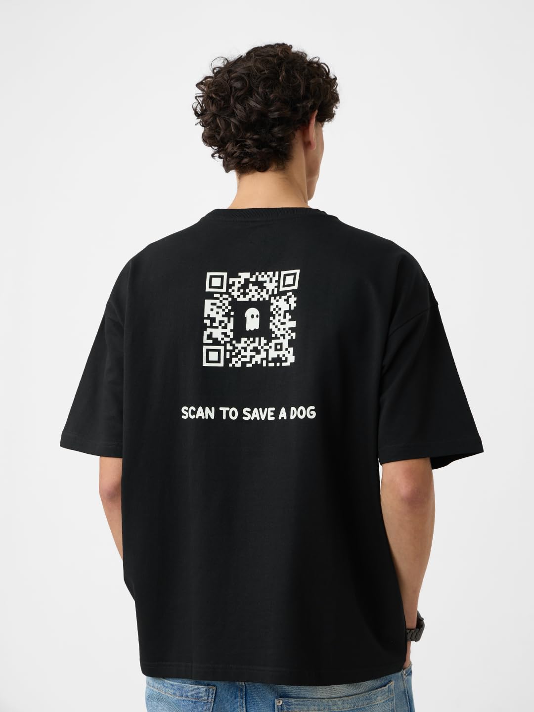 The Souled Store Oversized T-Shirt: Save The Dog Men and Boys Short Sleeves Round Neck Black Graphic Printed Cotton Oversized T-