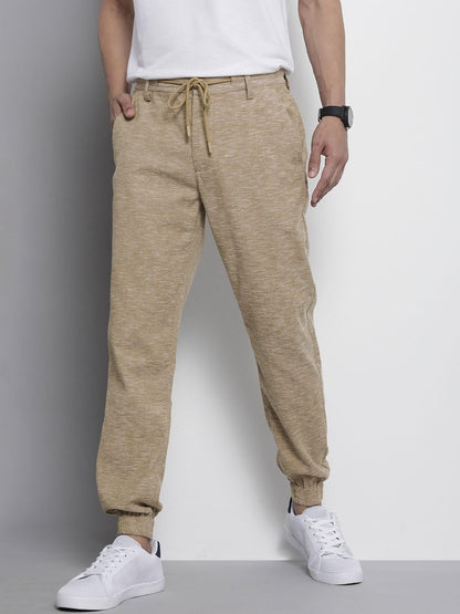 The Indian Garage Co Men Slim Fit Solid Mid-Rise Cuffed Joggers Beige