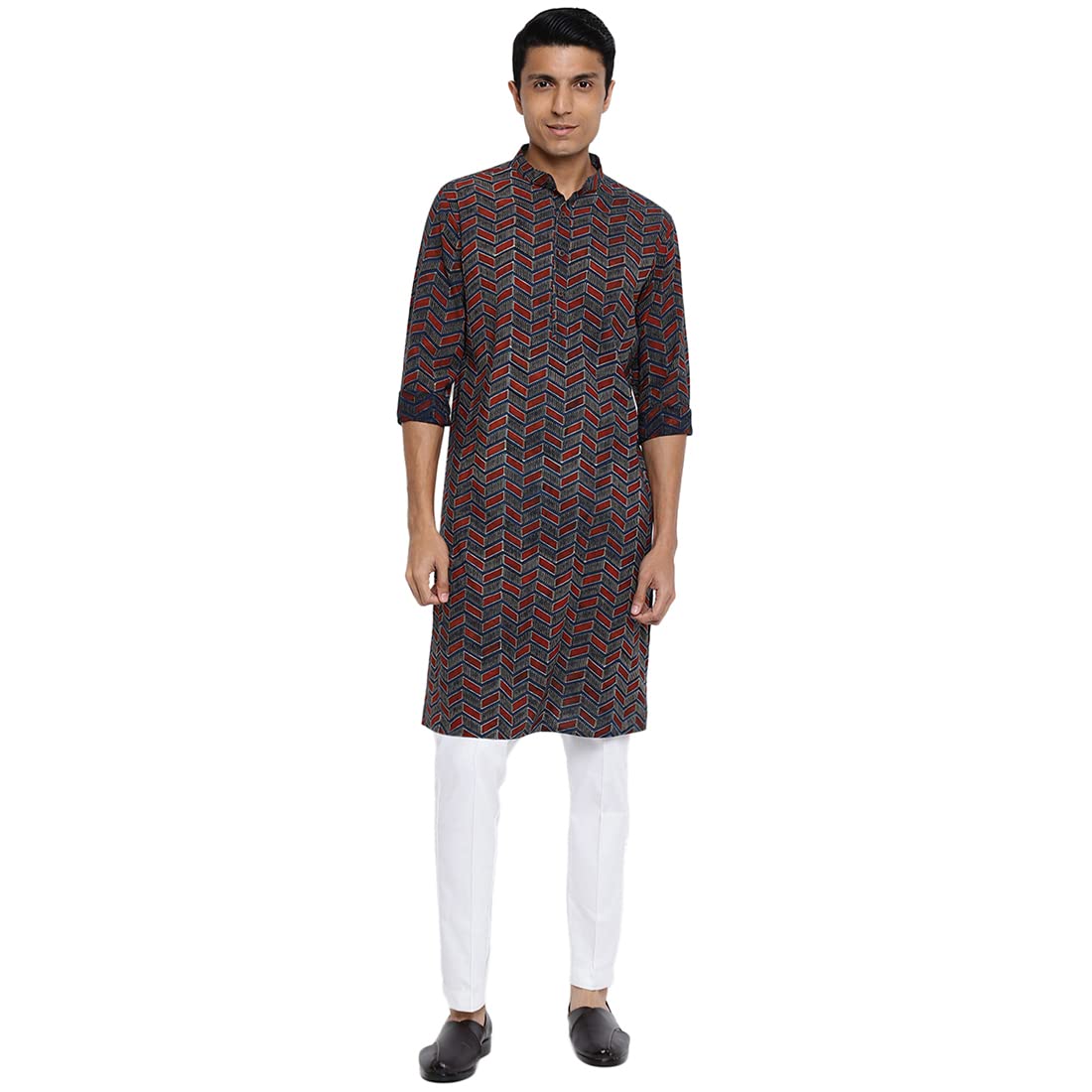 Fabindia Men Cotton Printed Long Kurta Red_Xs