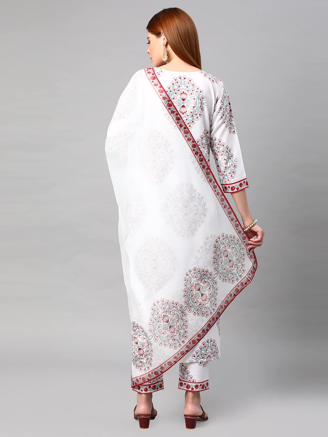 GoSriKi Women's Cotton Blend Floral Printed Straight Kurta with Pants & Dupatta (Cup-Off White-Nw-GS)
