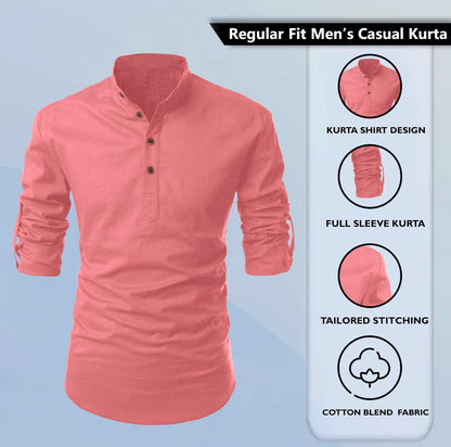 Zombom MenS Solid Cotton Blend Casual Regular Fit Mandarin/Chinese Collor Full Sleeve Kurta Shirt For Men Peach