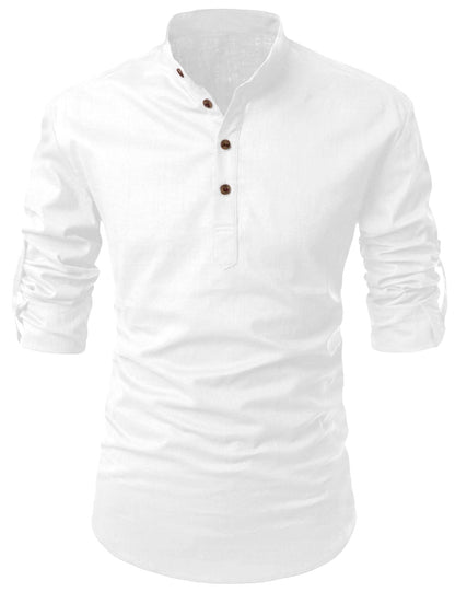 Zombom MenS Solid Cotton Blend Casual Regular Fit Mandarin/Chinese Collor Full Sleeve Kurta Shirt For Men White