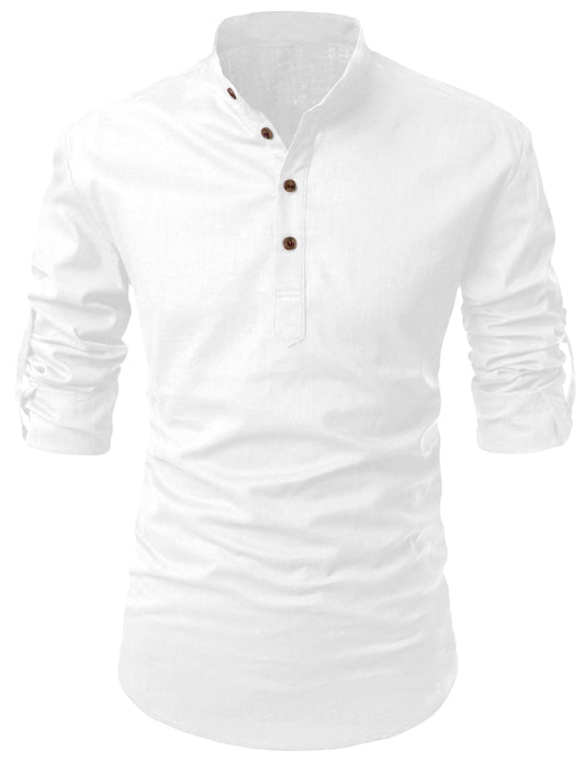 Zombom MenS Solid Cotton Blend Casual Regular Fit Mandarin/Chinese Collor Full Sleeve Kurta Shirt For Men White