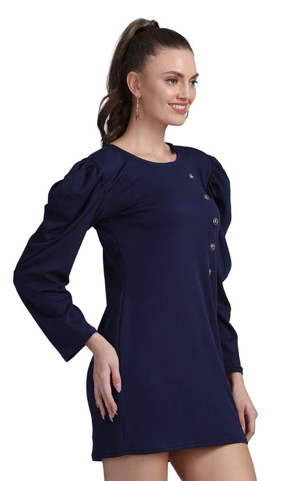 Shasmi WomenS Comfortable Navy Blue Round Neck Full Sleeve Solid Midi Bodycon Casual Western Stylish Dress For Womens/Midi Dres