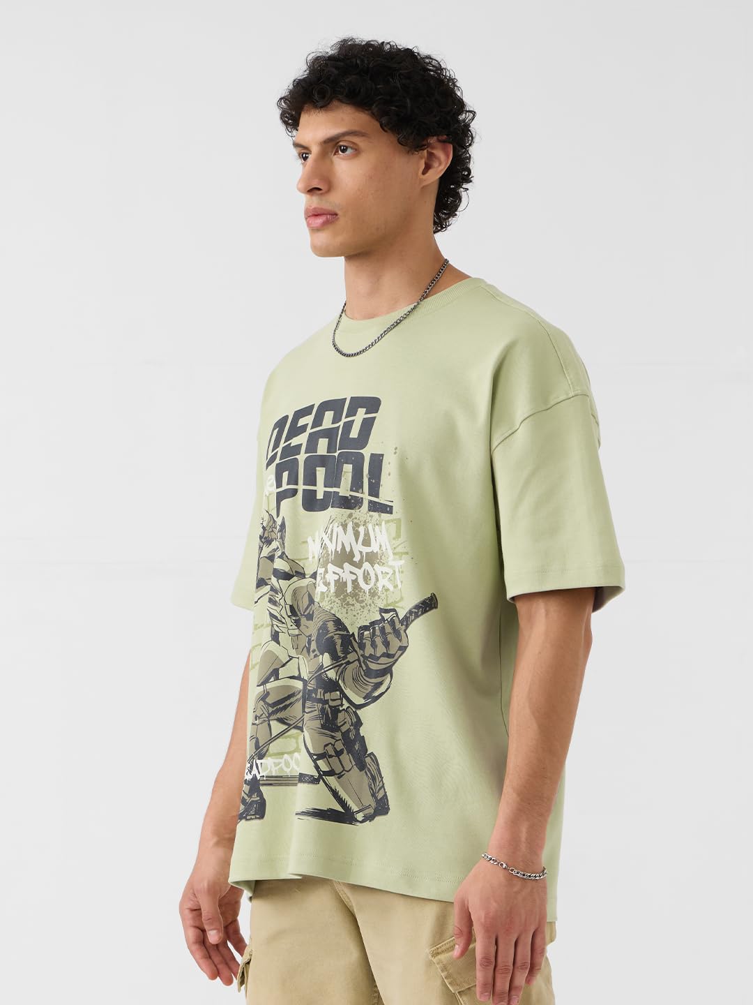 The Souled Store Deadpool: Maximum Effort Men and Boys Short Sleeves Round Neck Green Graphic Printed Cotton Oversized T-Shirts