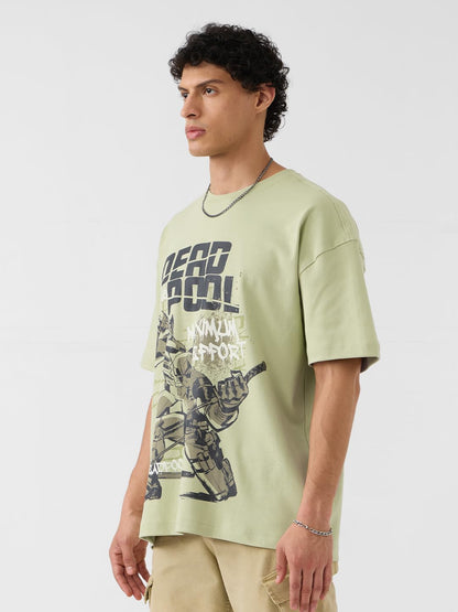 The Souled Store Deadpool: Maximum Effort Men and Boys Short Sleeves Round Neck Green Graphic Printed Cotton Oversized T-Shirts