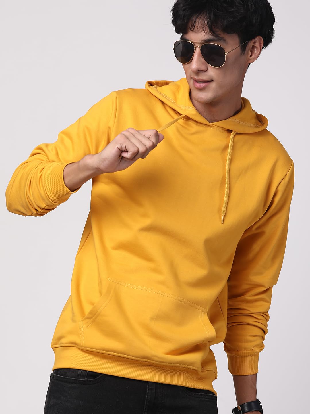 ADRO Mens Cotton Solid Hoodie Sweatshirts (H23-PLN-MU_Mustard)