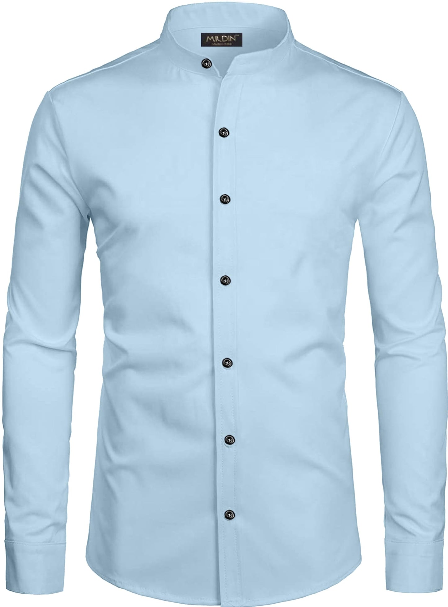Mildin MenS Cotton Blend Solid Shirt With Mandarin Chinese Collar Full Sleeve Curved Hemline Button Closure Slim Fit | Shirt Fo