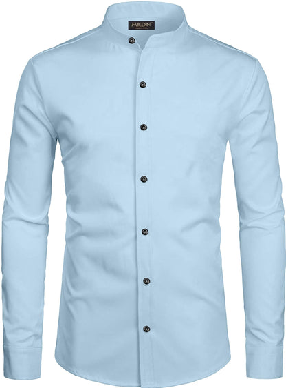 Mildin MenS Cotton Blend Solid Shirt With Mandarin Chinese Collar Full Sleeve Curved Hemline Button Closure Slim Fit | Shirt Fo