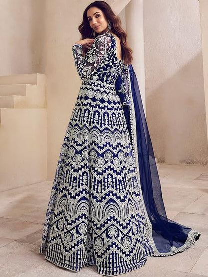 PATLANI Womens Naylon Net Embroiered Full Stitched Gown with Dupatta. Dark Blue