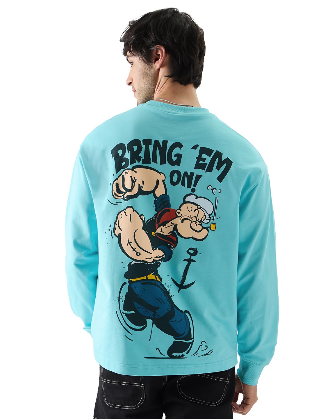 The Souled Store Official Popeye: Bring Em On Oversized Full Sleeve T-Shirts Blue