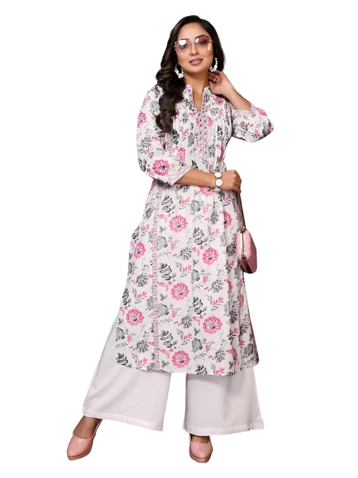 Rangita Pink Cotton Calf Length Embroidered A-Line Kurti | Kurta For Women_L