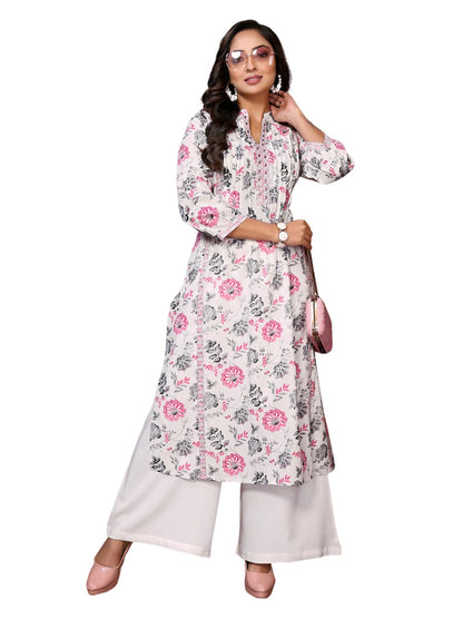 Rangita Pink Cotton Calf Length Embroidered A-Line Kurti | Kurta For Women_L