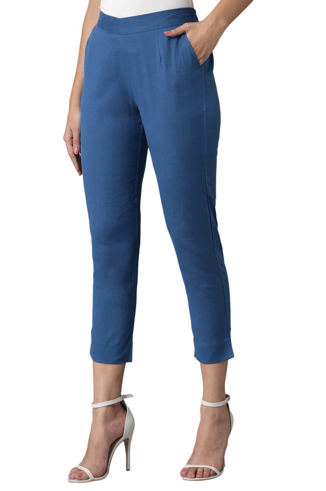 Digital Shopee Women Regular Fit Elastic Waist Full Length Cotton Formal Trouser For Casual Wear, Office Wear Teal Blue