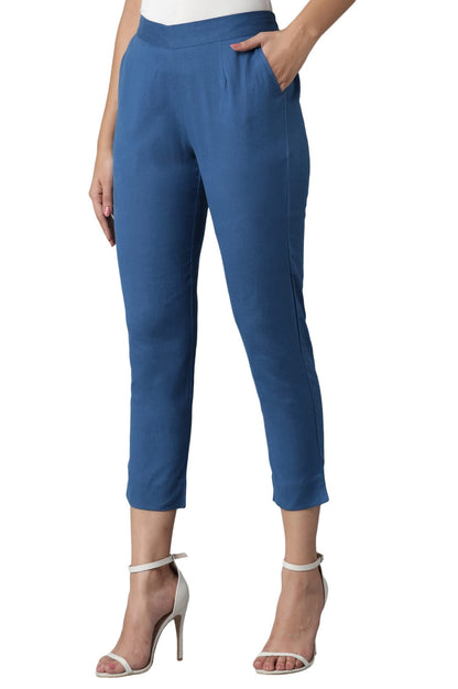 Digital Shopee Women Regular Fit Elastic Waist Full Length Cotton Formal Trouser For Casual Wear, Office Wear Teal Blue