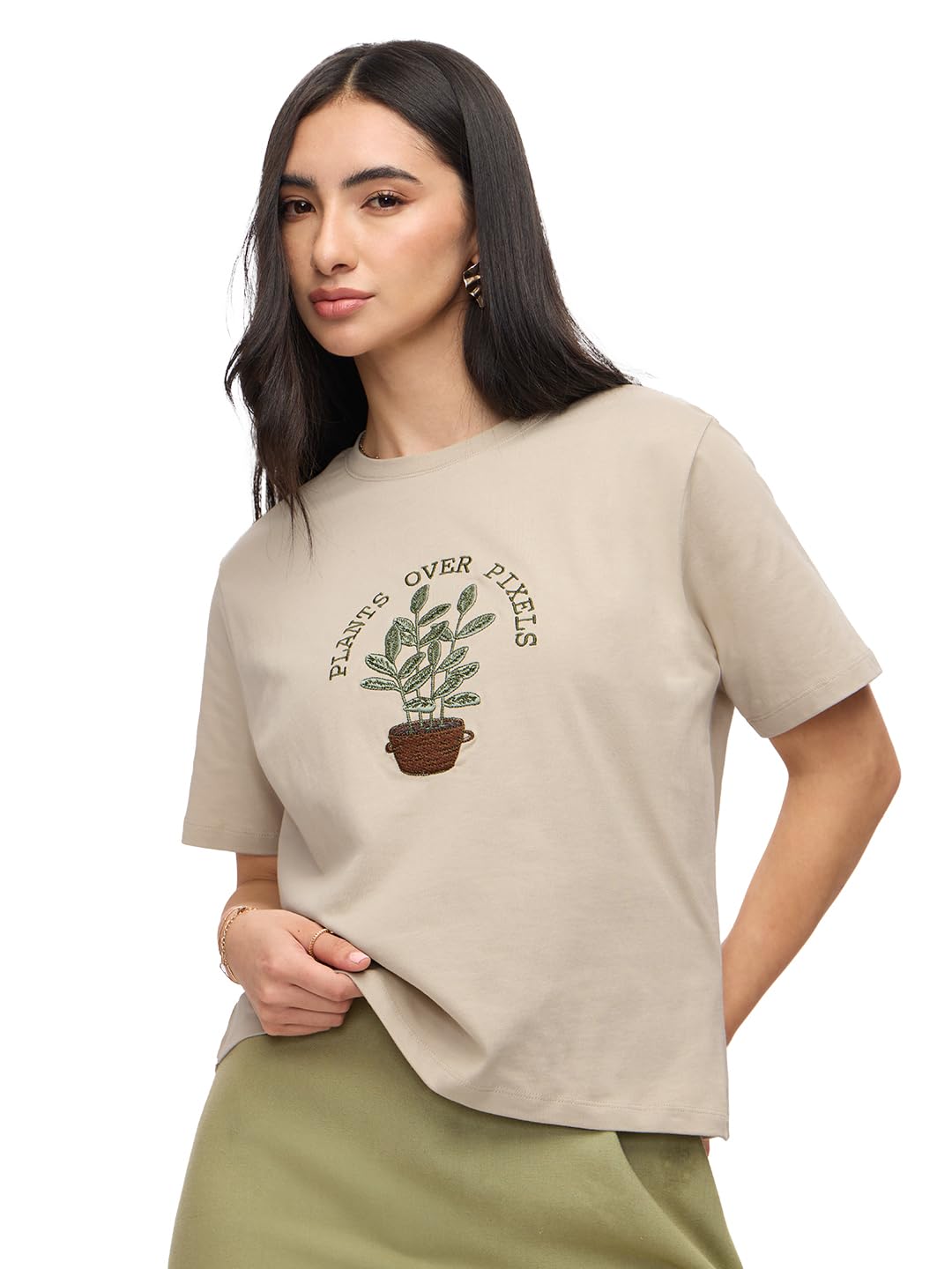 The Souled Store Plants Over Pixels Women and Girls Short Sleeves Round Neck Beige Embroidered Cotton Relaxed Fit T-Shirts