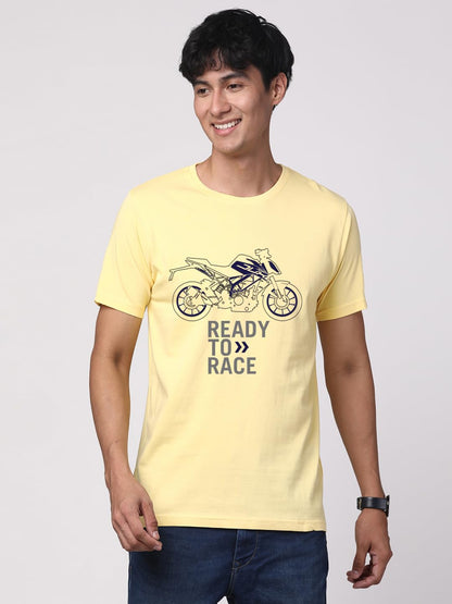 ADRO Men's Biker Design Printed 100% Cotton T-Shirt - Regular Fit, Printed T-Shirts for Men (RN24-KTM-LY_Light Yellow)