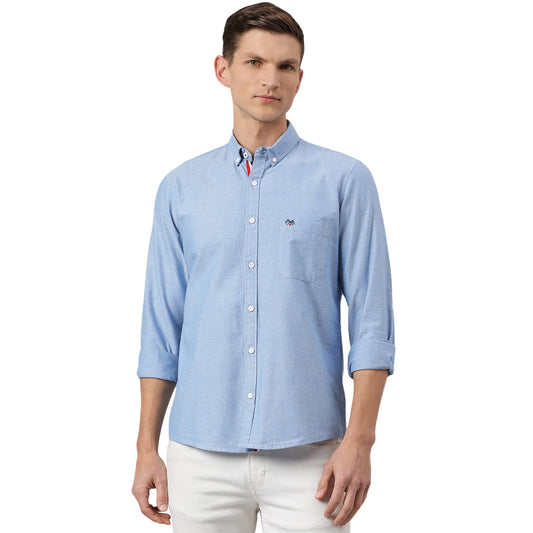 Thomas Scott Mens Solid Slim Fit 100% Cotton Casual Shirt with Button Down Collar and Full Sleeve Oxford Blue