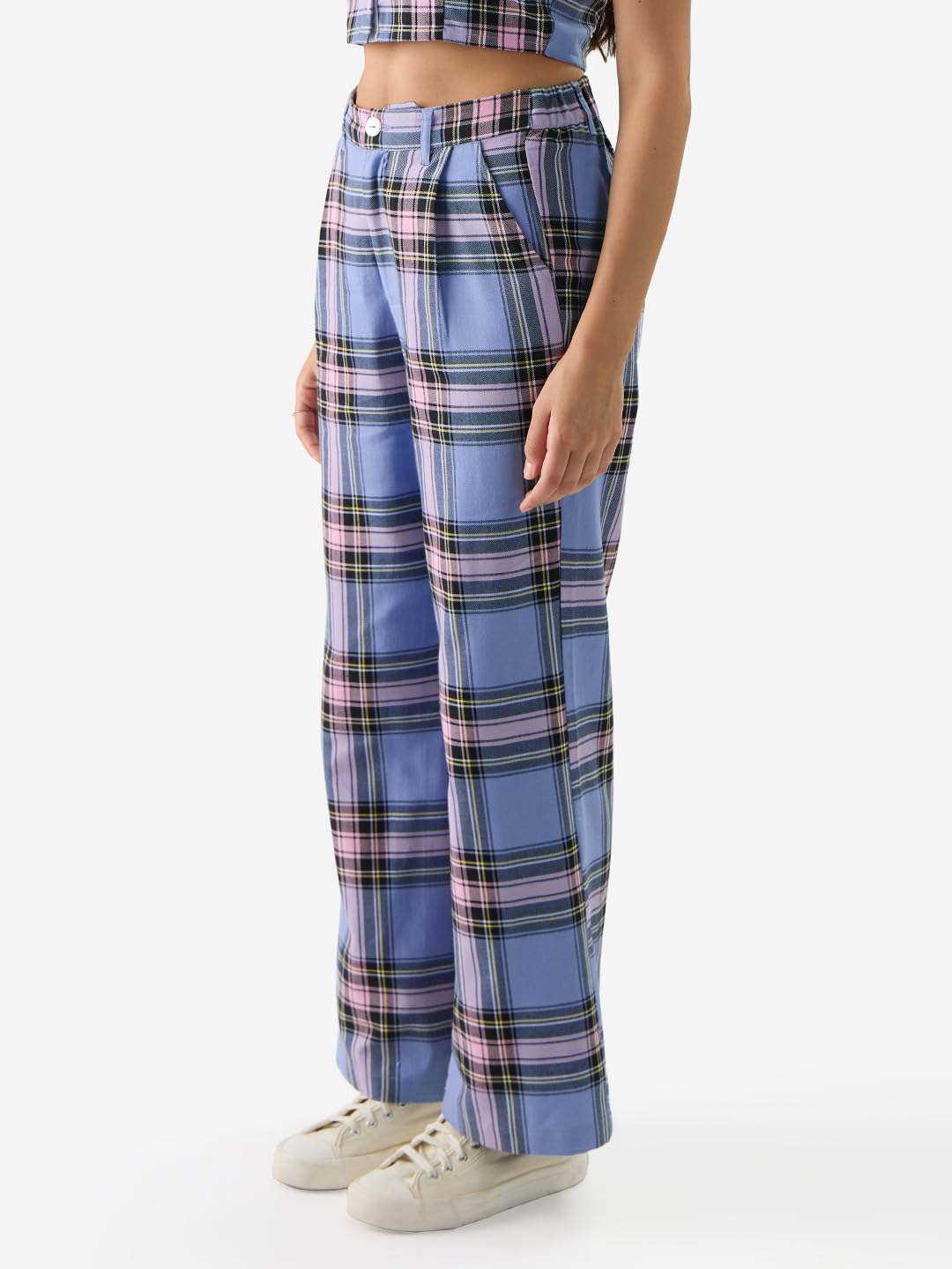 The Souled Store Lilac Blossom Women and Girls Straight Fit High Rise Cotton Checkered Pants