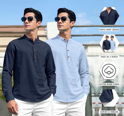 Macsivo MenS Cotton Polyster Blend Solid Short Kurta With Mandarin Collar Full Sleeve Button Closure Curved Hem Regular Fit | S