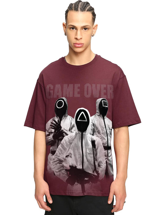 Bewakoof Official Squid Game Merchandise Mens Graphic Print Oversized Fit Half Sleeve Round Neck Cotton T-Shirt_683876_Maroon_2