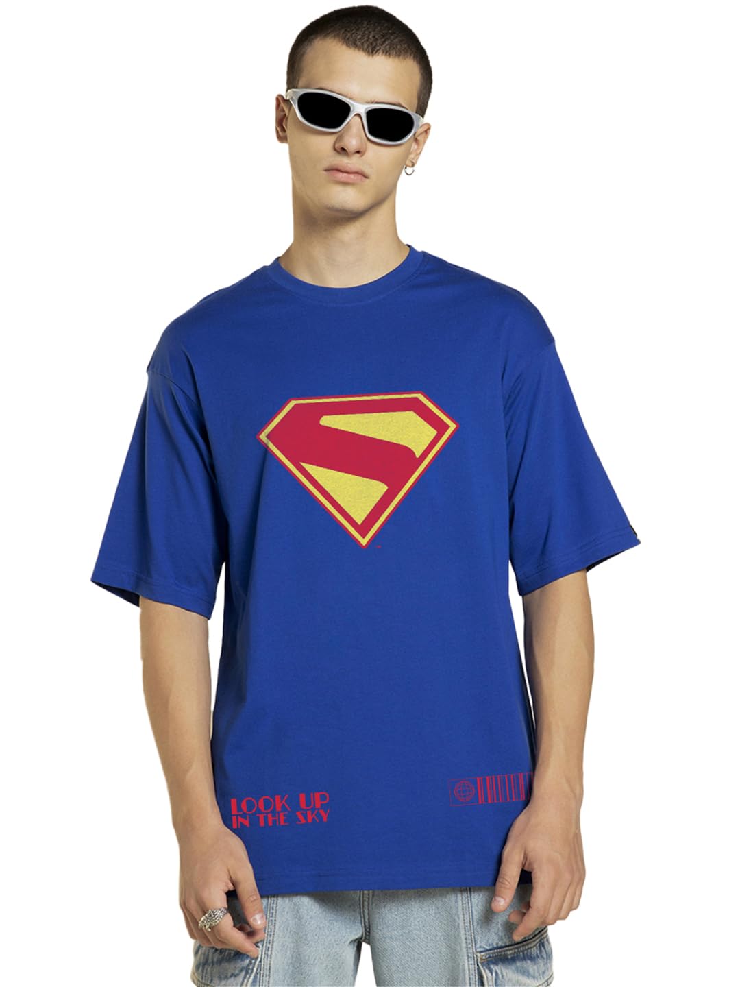 Bewakoof Official DC Merchandise Superman Mens Graphic Print Oversized Fit Half Sleeve Round Neck Pure Cotton T-Shirt_684834_Bl