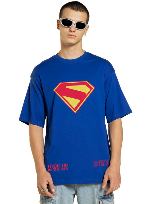 Bewakoof Official DC Merchandise Superman Mens Graphic Print Oversized Fit Half Sleeve Round Neck Pure Cotton T-Shirt_684834_Bl