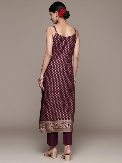 ishin Women's Viscose Rayon Printed Burgundy Straight Kurta Suit Set with Pants