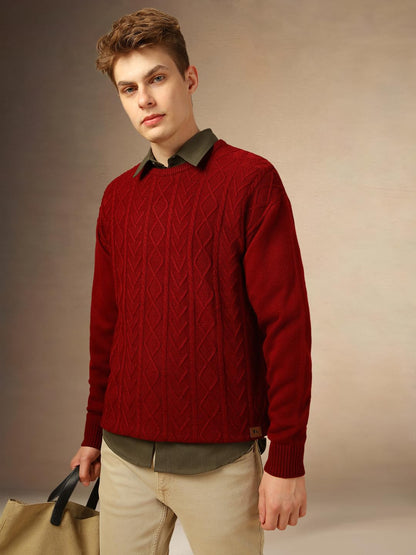 Dennis Lingo Men Regular Fit Acrylic Full Sleeves Solid Sweaters Maroon