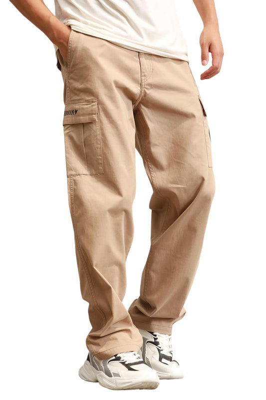 Hubberholme Men Taupe Cotton Loose Fit Mid-Rise Trousers