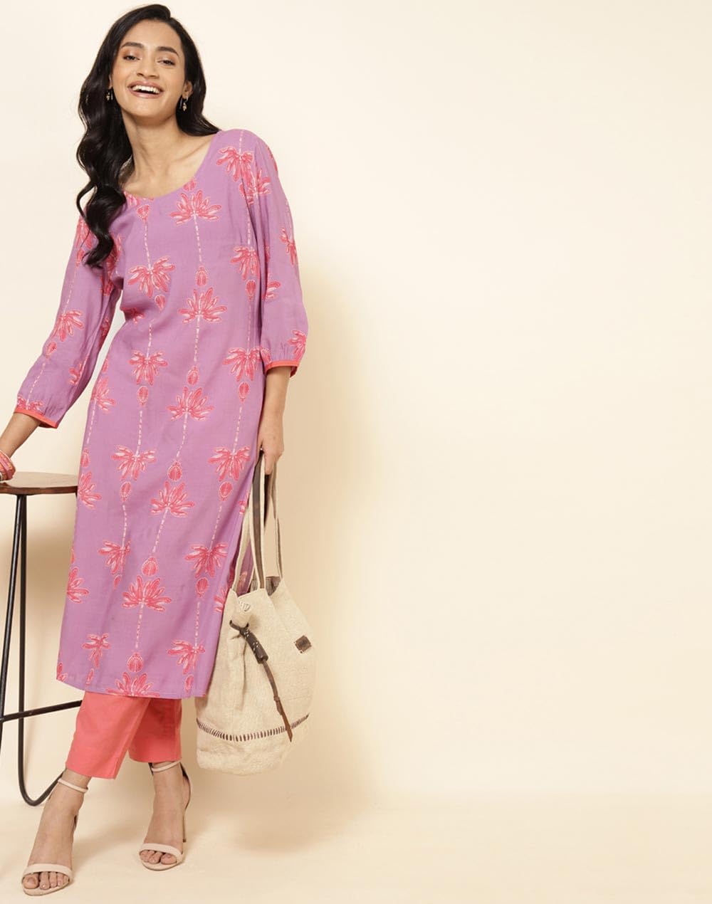 Fabindia Women's Modal Printed Regular Kurta (1030443PURPLE_Purple