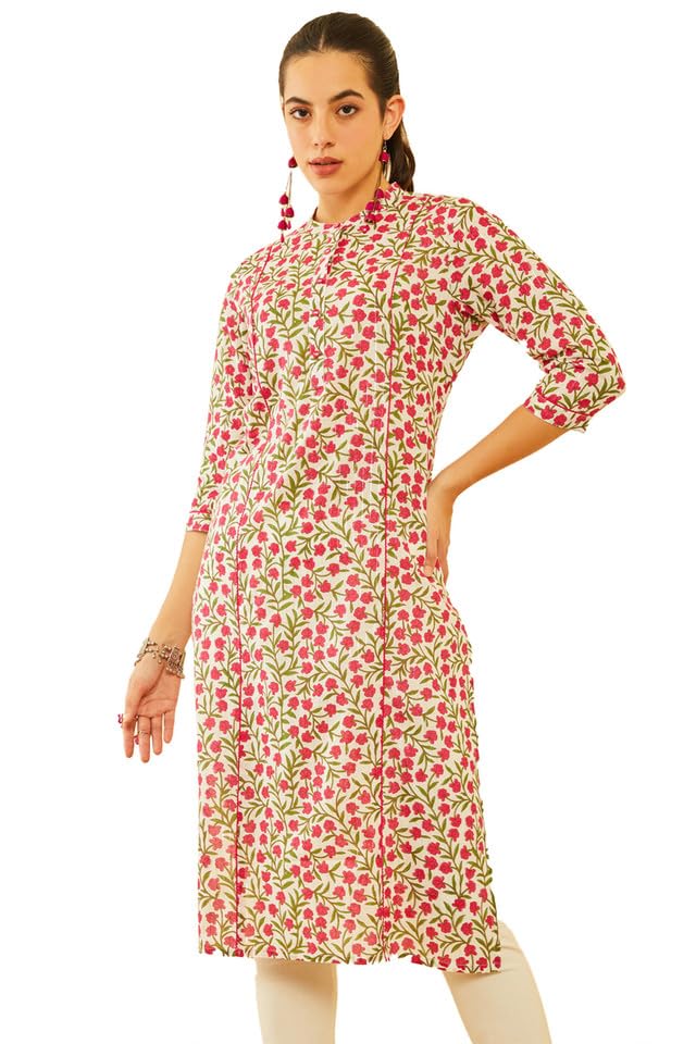 Soch Womens Red Cotton Floral Printed Princess Line Panelled Kurta