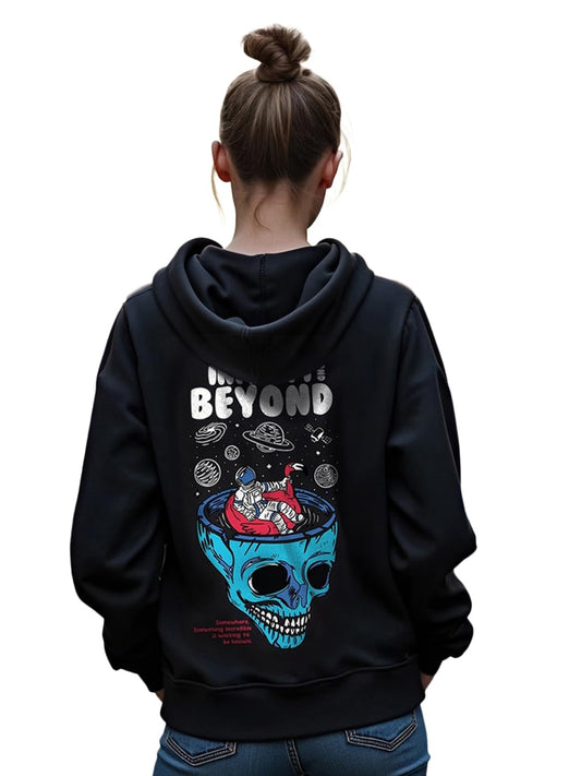 Bewakoof Womens Graphic Print Regular Fit Full Sleeve Hooded Neck Cotton Blend Zipper Hoodies_625442_Black_S