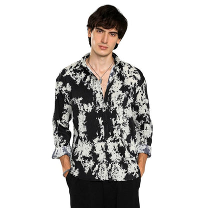 Campus Sutra Mens Onyx Black & Cream White Splash-Pleat Shirt | Casual Wear | Spread Collar | Long Sleeve | Button Closure | Sh
