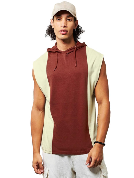 Bewakoof Mens Color Blocked Oversized Fit Sleeveless Hooded Cotton Vest_627844_Red_2XL