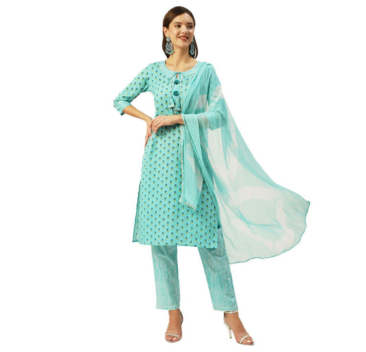 anubhutee Women's Cotton Blue Floral Printed Straight Kurta Suit Set With Pants And Dupatta