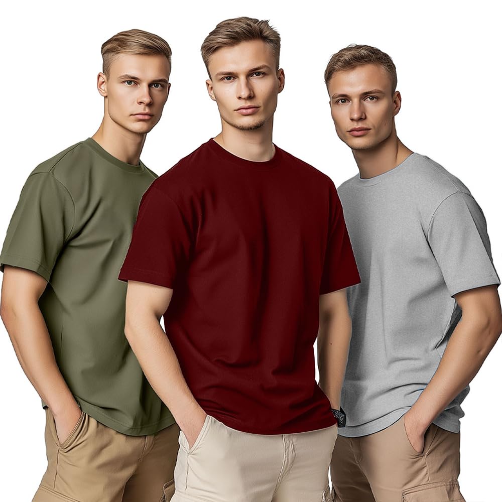 Nobero MenS Solid Regular Fit T-Shirt (1M-Twts-R0008_2_Olive Green/Wine Red/Grey Melange