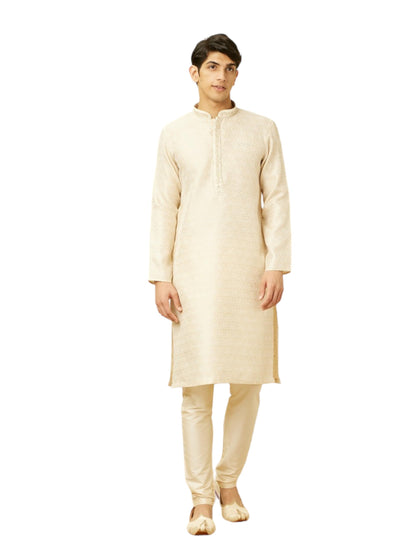 Manyavar Mens Beige Art Silk Kurta Pyjama Set