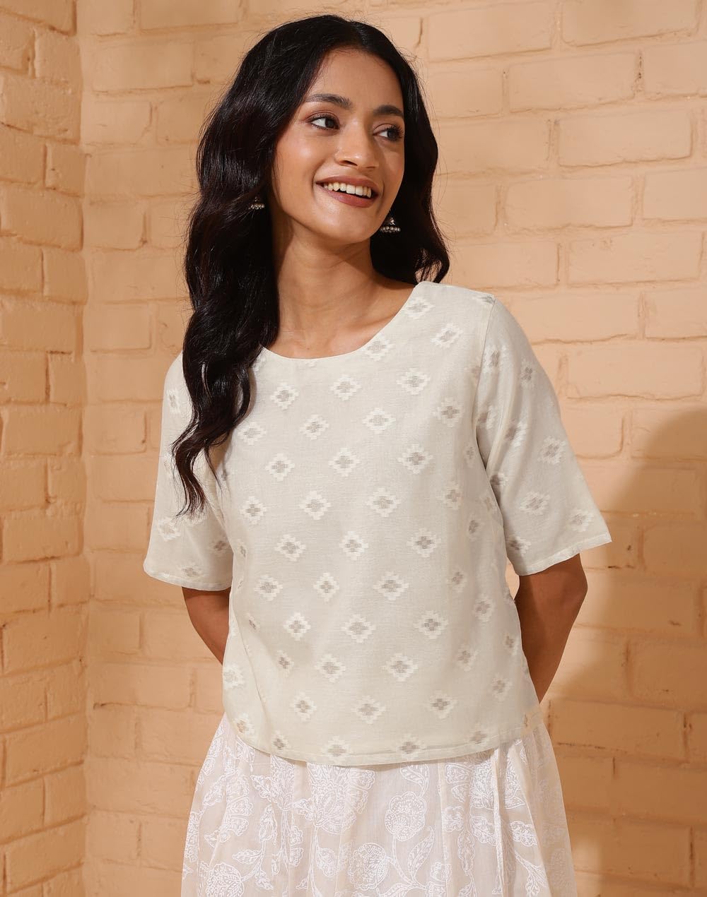 Fabindia Off-White Cotton Silk Blend Woven Short Top